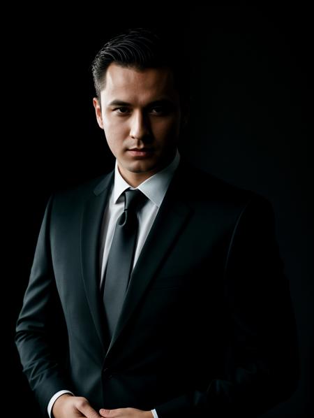 1man, studio portrait, cinematic lighting, dramatic shadows, key light, rim light, wearing black suit, short hair, dark background