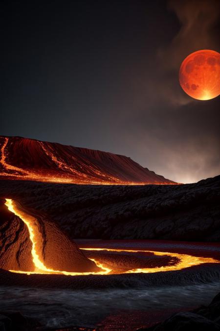 a volcanic eruption, a river of fiery red lava, a waterfall, a large red moon in the background, dramatic lighting, cinematic composition, photorealistic, (best quality,4k,8k,highres,masterpiece:1.2),ultra-detailed,(realistic,photorealistic,photo-realistic:1.37),dramatic lighting,dramatic sky,dynamic composition,volumetric lighting,intricate details,vivid colors,3d render,concept art