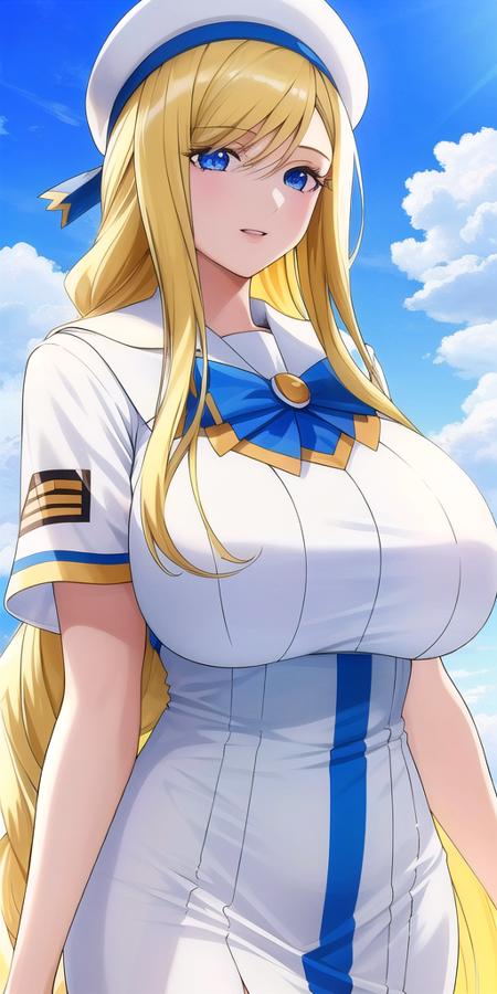 <lora:florence_aliciaV1:0.7> florence_alicia, huge_breasts, standing, solo, Summer_aria_company_uniform_White_long_dress_White_capelet_Blue_bowtie_Short_sleeves_Side_slit,White_beret_aria_company_uniform,, masterpiece, best quality, detailed face, detailed eyes, highres,