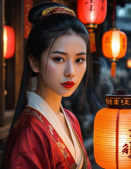 rating_safe, breathtaking detailed, masterpiece, absurdres, awe-inspiring, best quality, vibrant colors, muromachi86, 1girl, solo, black hair, looking at viewer, lantern, blurry background, brown eyes, depth of field, red lips, lips, long hair, upper body, smoke, closed mouth, hair bun, realistic, paper lantern, makeup, chinese clothes<lora:sdxl_muromachi86.safetensors:0.8:0.8>