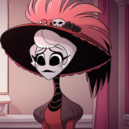 HAZBINHOTELROSIE, 1girl, solo,  white hair, short hair, blue eyes, hat, dress,