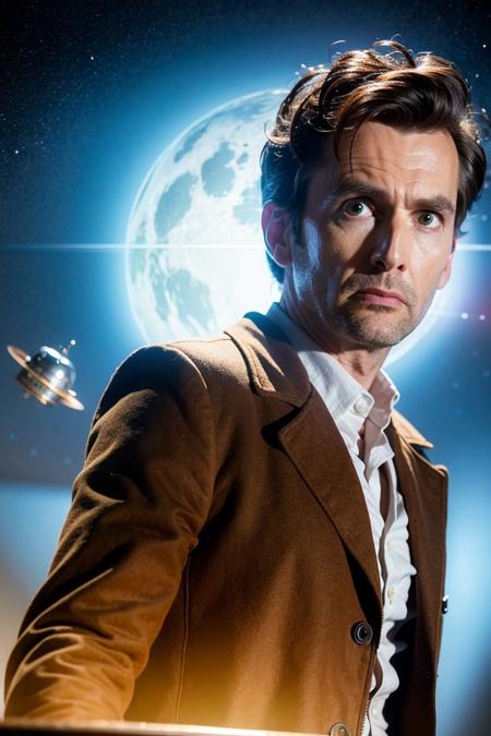 best quality, ultra high res, (photorealistic:1.4), 1man, upper_body, <lora:DavidTennantV3:0.6>, outer space, brown jacket, doctor who, blue tardis