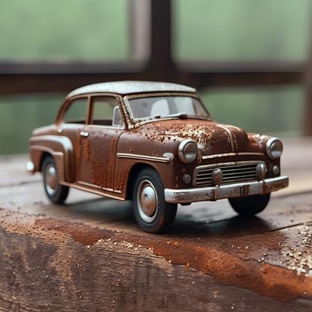 cinematic photo plastic old toy car, on wooden table, simple background, pbr texture, grit, stains, rust <lora:Grit-SDXL:1.5> . 35mm photograph, film, bokeh, professional, 4k, highly detailed