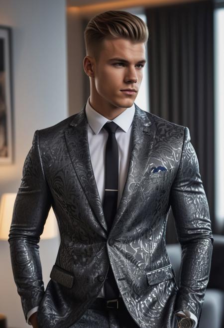 a strong 22-year-old german hunk bodybuilder male, with a fringe up undercut hairstyle, detailed face, mindless expression,  wearing a skin tight dark-gray suit with silver patterns, wearing pants,  on a modern living room, standing at attention pose, looking at viewer, portrait, photography, detailed skin, realistic, photo-realistic, 8k, highly detailed, full length frame, High detail RAW color art, diffused soft lighting, shallow depth of field, sharp focus, hyperrealism, cinematic lighting
