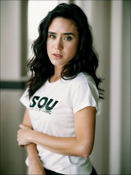 Realistic photo of a beautiful j3nn1f3rc-v2 woman,  1girl, solo, long hair, looking at viewer, black hair,shirt, upper body, white shirt, lips, crossed arms, realistic, soft lighting, professional Photography, Photorealistic, detailed, RAW, analog, sharp focus, 8k, HD, high quality, masterpiece<lora:j3nn1f3rc-v2:1.0>