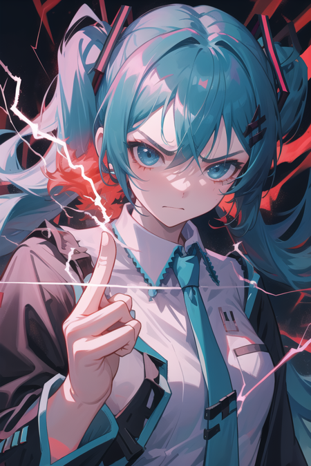 Conqueror's_Haki, Red Lightning, Black Lightning, 1girl, angry, absurdres, masterpiece,  upper body, close-up, hatsune miku, aqua hair,