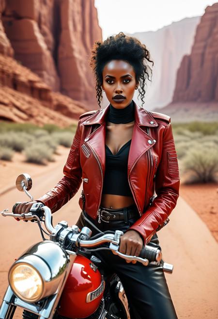 A hyperrealistic photo of a somali woman in a vibrant red leather motorcycle outfit, leaning against a red motorcycle.  The  jacketvis open showing cleavage all the way to hips, The woman, with wild black hair, has a confident, poised posture and a direct gaze, subtly evoking a sense of freedom and independence.  The setting is a vast, sun-drenched desert landscape; warm, sandy browns and rusty orange-reds are dominant colors, with towering red rock formations in the background.  The lighting is dramatic, highlighting the textures of the woman's clothing, the motorcycle's chrome parts, and the rocky cliffs.  The scene has a sense of depth and detail, mimicking the impression of oil painting but with exacting photographic accuracy.  The motorcycle details include polished chrome accents, with a view of the engine visible. The overall aesthetic is that of a vintage motorcycle-themed illustration.
