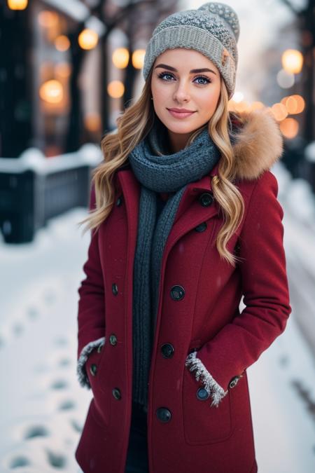 professional portrait photograph of a beautiful gorgeous european girl in winter clothing, hands in pockets, ((sultry flirty look)), freckles, beautiful symmetrical face, perfect round eyes, cute natural makeup, ((standing outside in snowy city street)), stunning modern urban upscale environment, ultra realistic, elegant, highly detailed, intricate, sharp focus, depth of field, f/1. 8, 85mm, medium shot, mid shot, (centered image composition), (professionally color graded), ((bright soft diffused light)), volumetric fog, trending on instagram, trending on tumblr, hdr 4k, 8k