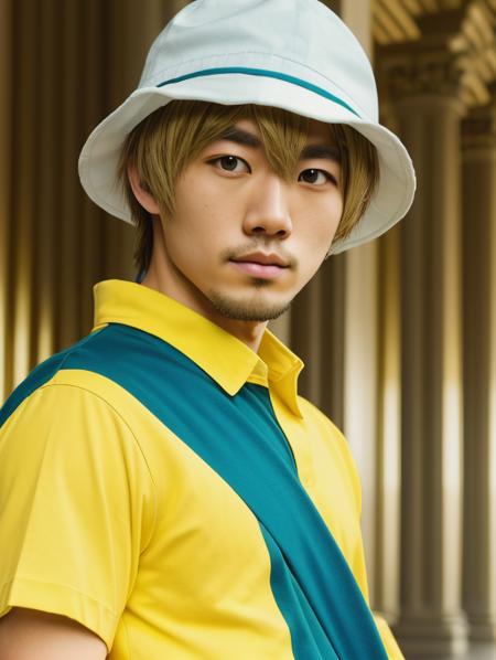 best quality, masterpiece, highres, detailed, realistic, cosplay, <lora:Detail - add_detail:0.2>, TKDigi02, 25 year old japanese man, yellow and teal shirt, blue eyes, blonde hair, hat, capitol building, :|, <lora:Character - TKDigi02:0.8>, short hair, upper body,