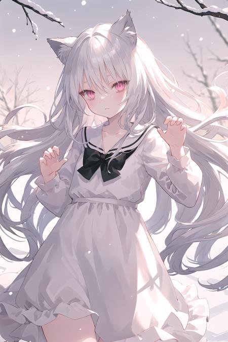 (masterpiece, best quality), <lyco:[LoHa]style-onineko v2:0.8>
style_onineko, quality_best, cowboy shot, depth of field, looking at viewer, 1girl, long hair, floating hair, silver hair, cat ears, animal ear fluff, pink eyes, slit pupils, blush, :3, sailor dress, white dress, black bow, paw pose, outdoors, snow, bare tree