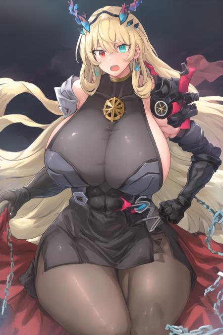 <lora:hataraki-ari:0.8>masterpiece, high quality, 1girl, huge breasts, open mouth, surprised, crossed legs, eye focus, portrait view, evening, floating city, <lora:barghest>barghest, tall muscular female, long hair, blonde hair, horns, heterochromia, red eyes, green eyes, ascension2, black dress, sideboob, single pauldron, pantyhose, chain