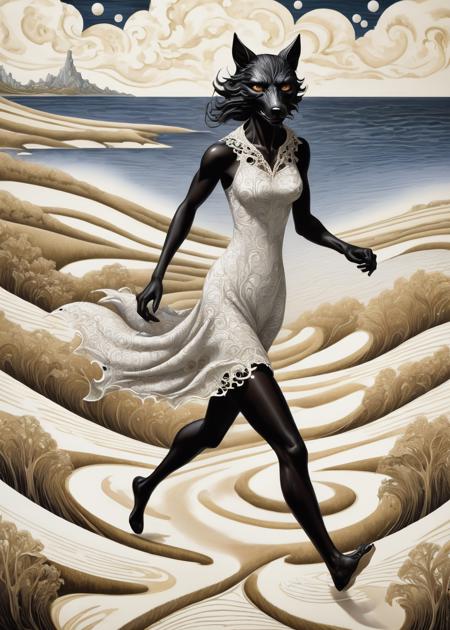 award-winning Cubism (xlmrblng15-1300:1.1), a portrait analog realistic photograph of a magnificent mature female werewolf running in a white-tinted fields and towns with ocean in the background, fine black filigree patterns