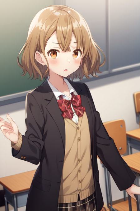 mishimayuzuha, 1girl, solo, school uniform, black blazer, brown cardigan, plaid skirt, red bowtie