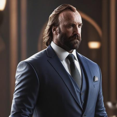 SandorClegane1024, half body, +++(Sleek and modern business suit with a sharp silhouette), office, detailed eyes, photography, trending on artstation, sharp focus, studio photo, intricate details, highly detailed, by greg rutkowski   <lora:SandorClegane1024-000067:0.8>