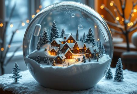 Un joli petit village réaliste en plein hiver dans une boule à neige géante,le village est plein de vie,des lueurs sont visibles,le liquide de la boule à neige est transparent,quelques flocons flotte dans l eau de la boule à neige,la boule à neige est posée sur une table avec d autres objets,photoreasliste,haute définition 8k