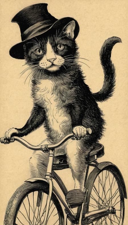 cat in a hat on a bike <lora:vntg-line-art-v2:1> vntg, line-art