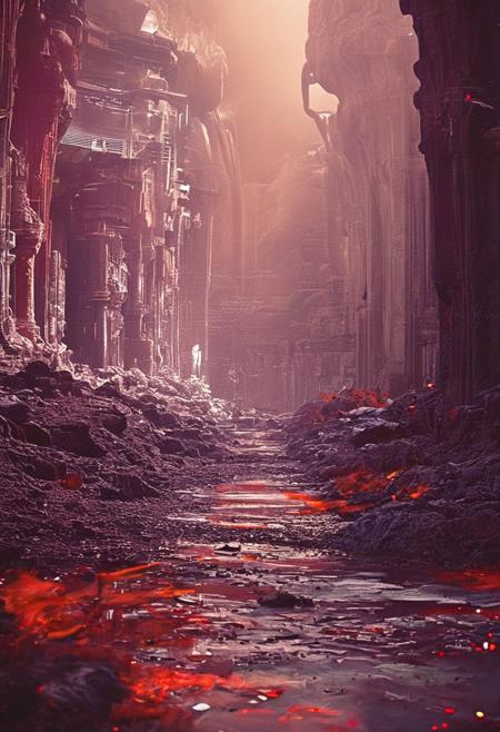 An otherworldly complex structure with pillars made of light and shadows, the ground pulsating with desaturated colors, ever-changing hues, embodying a dream within a dream, 
in the style of the movie ambiance of Ridley Scott's 'Alien' with 80s sci-fi nostalgia. Blend dreamlike, claustrophobic spaces, grimdark Warhammer 40K magic, and campy yet sinister tones. Envision a surreal, dystopian world where arcane forces meet retro-futuristic sci-fi, creating a uniquely haunting tableau
, in the style of an old 80's VHS dark fantasy, VHS screen grab, grainy, old footage
