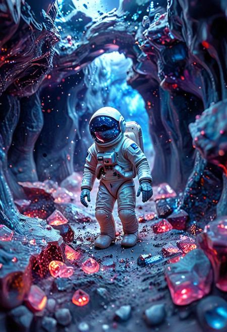 8k, Tilt shift photography style, a astronaut, blue mirror visor, running, ( Unmanned:1.2), Psychedelic gemstone caves, nebula background,