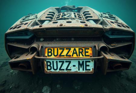 Totally Rusted wreck of Lamborghini Temerario underwater rusted number plate with text "BUZZ ME", cinematic, post apocalyptic look, seabed