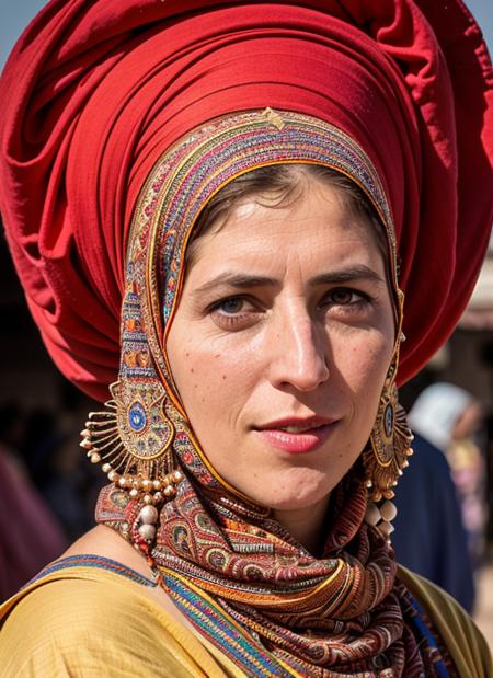 portrait of sks woman in Marrakech, at the bustling Djemaa el-Fna square, by Flora Borsi, style by Flora Borsi, bold, bright colours, ((Flora Borsi)), by Jimmy Nelson, <lora:lora-small-mayim-bialik-v1:1>