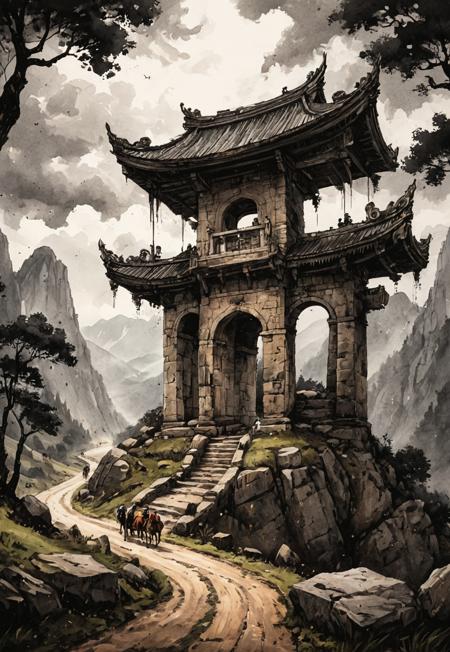 (Ink illustration on parchment). a caravan of travelers proceeds along a stone road set with a series of ancient stone archways leading upward from a forested glade into the foothills of a mountainous realm of jagged peaks and stony pillars, small stone shrines line the road between archways, clear skies with dark clouds on the distant horizon, very detailed: 1.5 eroticism. ink splashes, rough ink sketch, moody, gloomy, dark picture, high contrast, stylized.