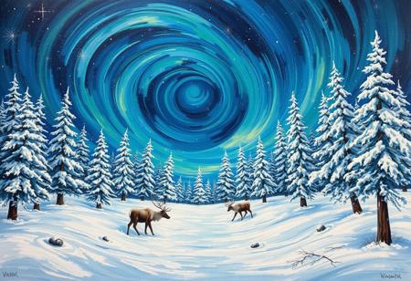 Vincent's Winter Wonderland: A swirling vortex of celestial blues and greens envelops a snow-dusted forest, as reindeer graze serenely amidst frozen tree limbs and icy glades. The aurora borealis' vibrant hues dance across the canvas, casting an ethereal glow on frosted branches and frost-rimmed trees. Brushstrokes bold and expressive, textures rich and tactile, capturing winter's peaceful majesty under starry skies.
