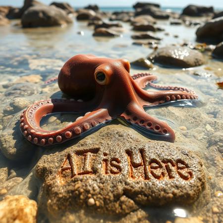 a very detailed close picture of an octopus on a beach half in the water between rocks and water sea plants, sunny beach, "AI is Here" logo engraved  on rock under water