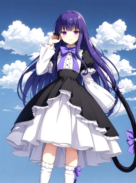 masterpiece, best quality, outdoors, background cumulus clouds, cloud background, frederica bernkastel, 1girl, tail, purple eyes, dress, long hair, cat tail, blue hair, bow, socks, ribbon, kneehighs, frills,   <lora:Frederica Bernkastel anyloraCheckpoint8ep26ryes40-000006:0.7>