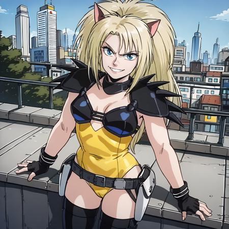 PumaSisters,1girl,blonde hair,longhair,cat ears,blue eyes, yellow leotard,black armor,cleavage,shoulder armor,black chest armor, fingerless gloves, belt,pouch, black thighhighs, knee pads, white boots, orange leotard swimsuit,slingshot swimsuit, nurse_cap,blue dress,long_dress,short_sleeves,white_pantyhose,