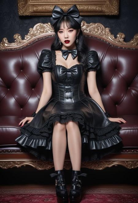 leather, masterpiece, best quality, professional detailed photo of (beautiful Korean woman) wearing (leather intricate gothic lolitadress, multilayered dress, leather lolitafashion, leather lolitashoes:1.3), (extremely wrinkled glossy leather fabric:1.3), (perfect face, beautiful face, symmetric face), (lipstick, blush, makeup:1.2), (frills and lace:1.1), (leather fabric:1.1), (sitting on leather sofa, leather pillows:1.2), (cute lolitashoes, lolitashoes with bows, shoes focus:1.3),
realistic photograph, raw photo, hd, 8k, masterpiece, best quality, 90-60-90
