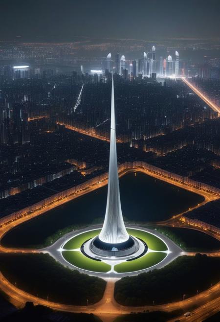 A stately pleasure-dome decree:
Aleph Tower marked with a black circle in bold lines intersected by a thick , centre for the AI that rules the Human civilization, in a glittering city of glass and shining metal,
   bright sunlight under a pitch black sky.
So twice five miles of urban sprawl,
With walls and towers  girdled round;
Photographer Reuben Wu Style