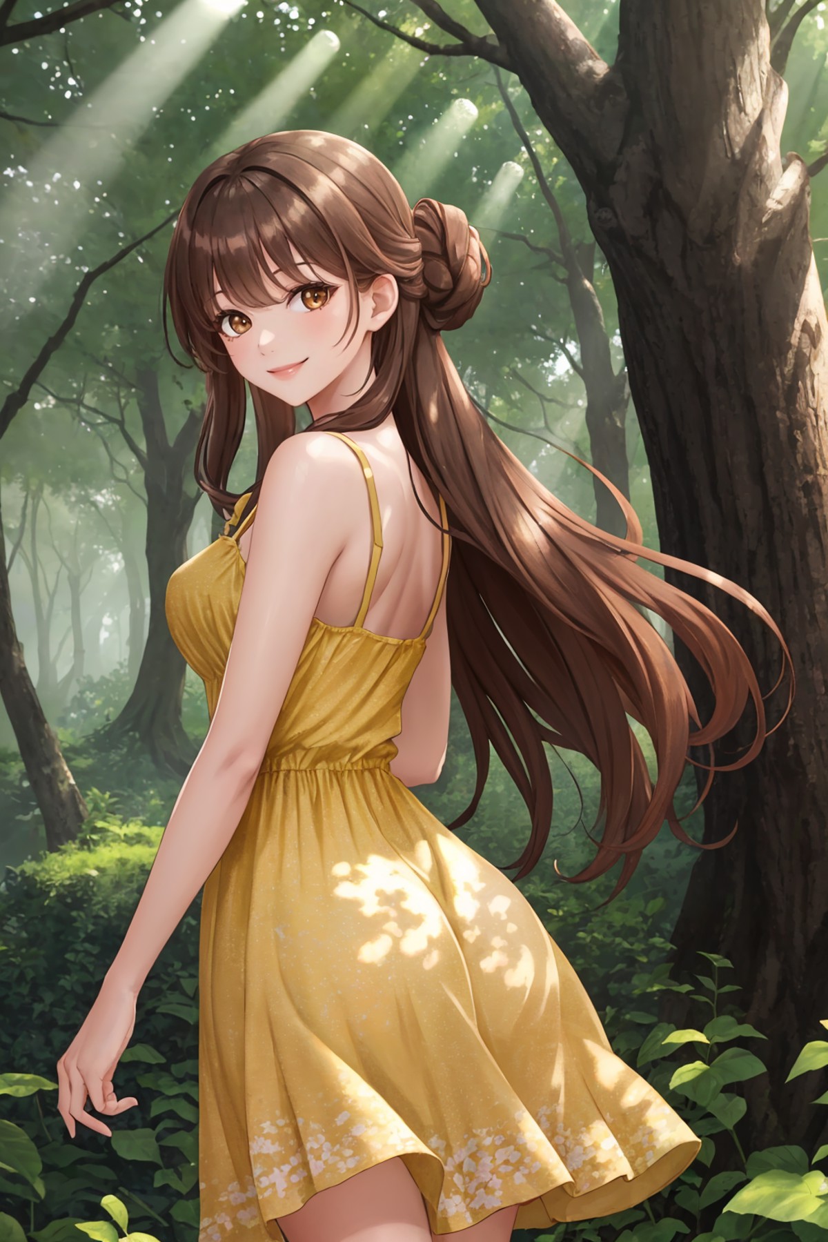 masterpiece, best quality, 1girl, solo, standing, (yellow sundress:1.2), brown hair, long hair, half updo, brown eyes, loo...