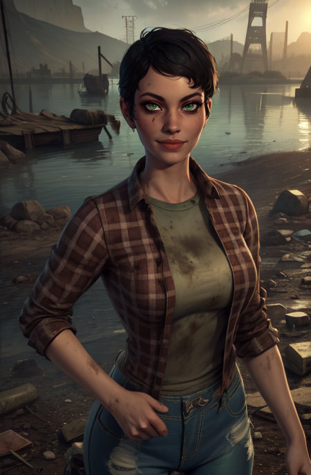 curie, short hair, black hair, green eyes, smile, 
red flannel, jeans, dirty clothes, 
wasteland, lake, 
standing, upper body, 
(insanely detailed, beautiful detailed face, masterpiece, best quality),  <lora:curie:0.8>