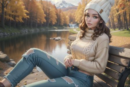 solo, masterpiece, best quality, medium shot of a beautiful woman in an autumn forest leaning back on a park bench, lake with a beautiful waterfall, vivid autumn trees, surrounded by falling leaves, perfect face, (green eyes:1), fit, curly brunette hair, (white beanie:1.2), (cropped knit sweater:1.2), (ripped jeans:1.2)