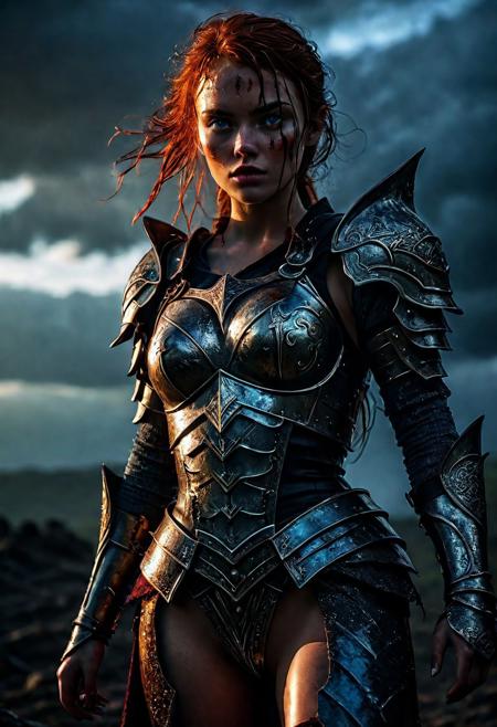 Ultra detailed digital art masterpiece Warrior girl dressed in a iron Armor, Standing on a bloody and stormy battlefield, standing in combat pose, dark fantasy medieval Town, perfect lighting, beautiful Sadie Sink as Warrior girl, attractive woman, elegant, sinewy athletic body, unreal engine 5 nanite quality, mixed with dark elements, dark environment, very dark night, clean dark velour witch clothing, LOTR style, dark washed out eyeliner, no make up, natural bloody face, realistic blue eyes, ultra detailed atmospheric details, beautiful glowing effects, sparkle effects, realistic body proportions, beautiful face proportions, complex masterpiece, wavy red hair, creative glowing detailed tattoos, complex physics, enhanced colors, complimentary colors, ultra detailed raytracing reflections, Ultra detailed complex background, environment feels alive, direct eye contact, dramatic lighting, wet and sweaty skin, beautiful firm Breasts, Concept art portrait by Greg Rutkowski