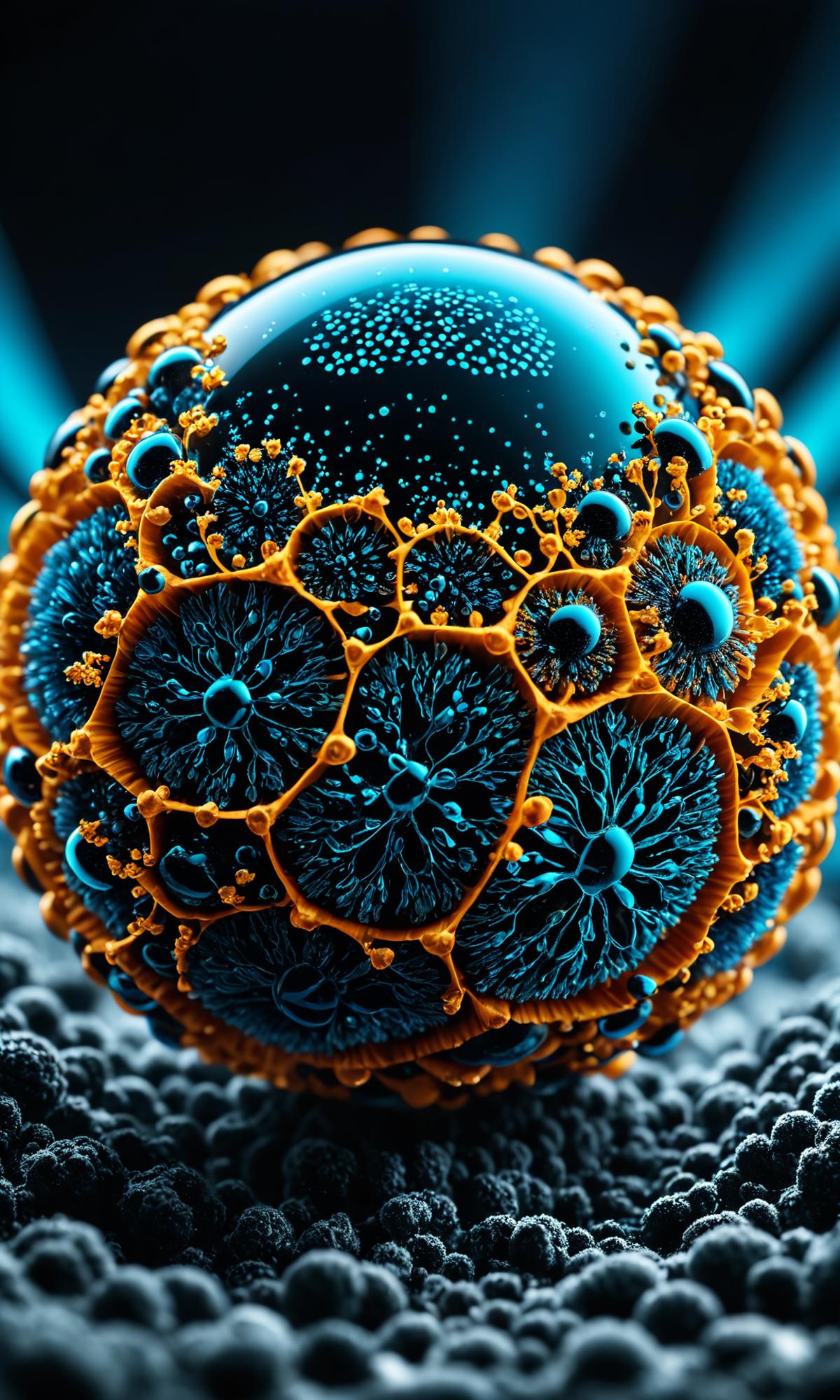 A close-up of a blue and orange sphere with several bumps and protrusions.