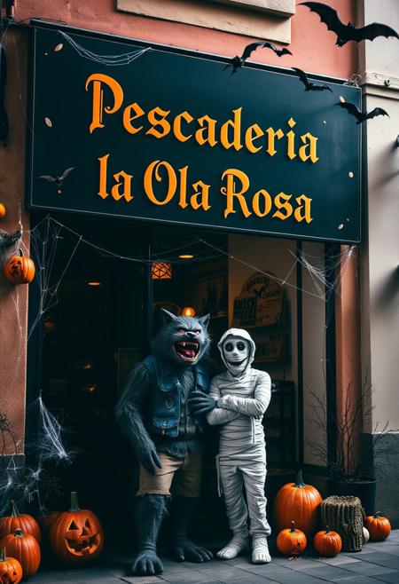 Storefront of a local food shop with a sign reading 'Pescaderia la Ola Rosa' in gothic Halloween-inspired font. In front, a friendly werewolf and a mummy are posing, surrounded by classic Halloween decorations: carved pumpkins, cobwebs in the corners, and bats flying above. The colors are dark oranges, purples, and blacks, creating a spooky yet inviting Halloween atmosphere. The scene should feel festive and welcoming, suitable for a small food store celebrating Halloween.