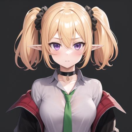 (masterpiece, best quality:1.2),illustration,8k,hd,1girl,solo,upper body,(portrait:1.2),st. theresa's girls academy school uniform,pointy ears,twintails,elf,blonde hair,necktie,black coat,grey shirt,purple eyes,choker,wrist scrunchie,scrunchie,pleated skirt,black choker,red skirt,green necktie,open clothes,hair between eyes,socks,thigh strap,loafers,<lora:Chole-V1:0.6>,