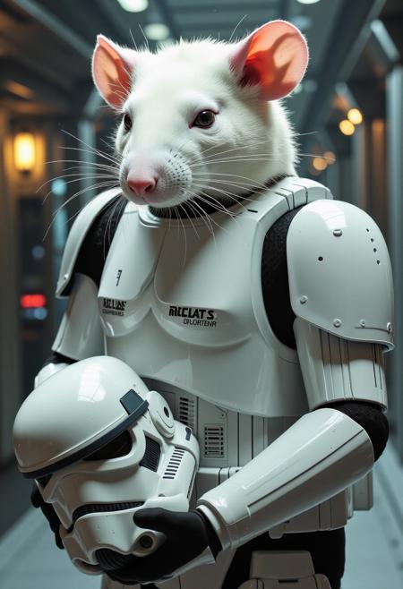 ZooPolis art. Imperial stormtrooper with a white rat's head — realistic fur texture, sharp pink ears, long whiskers. Standing upright, confident posture. Holds classic stormtrooper helmet under one arm. Glossy white armor with detailed shadows and reflections. Background: sci-fi corridor with soft ambient lighting. Subtle glow from control panels nearby. Slightly humorous, surreal tone. High detail, cinematic style.
masterpiece, best quality, realistic.