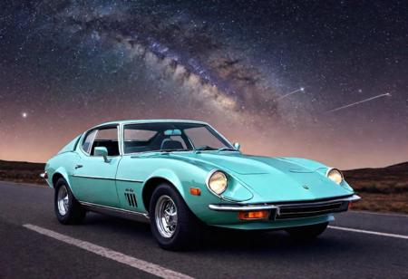 european 70s sports car, high quality, high resolution, on a long straight road, at starry night, milk way background, pastel colors, lineart