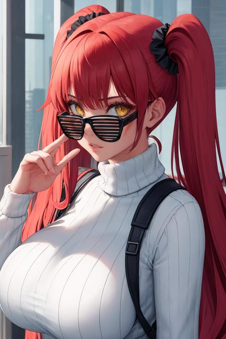 masterpiece, best quality, 1girl, solo, standing, huge breasts, <lora:shuttershades-concept-richy-v1:1> shutter shades, close-up, upper body, parted lips, red hair, twin tails, very long hair, hair scrunchie, cool, white-framed eyewear, tactical clothes, ribbed sweater, turtleneck sweater, mature female, (looking over eyewear:1.3), looking at viewer, yellow eyes, adjusting eyewear