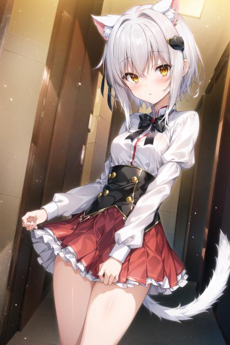 Koneko Toujou (DXD), 1girl, white cat ears, (classic uniform), white cat tail, short hair, school hallway, red skirt, small breasts, black ribbon, black corset, white shirt