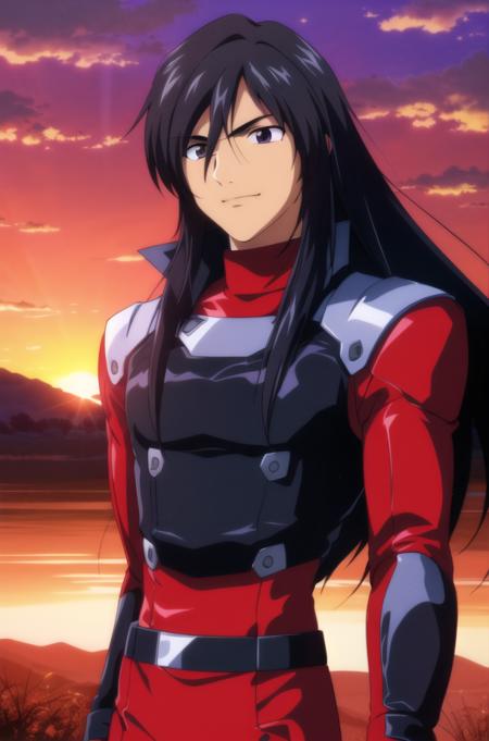 Outdoor,sunset, twilight,, Castle,red_sky,sunlight, sunrise, backlighting,cloud, cloudy_sky,mountainous_horizon, orange_sky,
Standing at attention,(Close-Up),
Red and black outfit,gloves,Black_Long_pants,armor, turtleneck,breastplate,
 <lora:Canard_Pars_X_Astray-KK77-V1:0.7>,
black_hair,purple_eyes,Long hair, bangs,hair_between_eyes,
1 man, 20yo,male,Beautiful FingerBeautiful body,Beautiful Nose,Beautiful character design, perfect eyes, perfect face,
looking at viewer,evil_smile,
NSFW,official art,extremely detailed CG unity 8k wallpaper, perfect lighting,Colorful, Bright_Front_face_Lighting,
(masterpiece:1.0),(best_quality:1.0), ultra high res,4K,ultra-detailed,
photography, 8K, HDR, highres, absurdres:1.2, Kodak portra 400, film grain, blurry background, bokeh:1.2, lens flare, (vibrant_color:1.2)