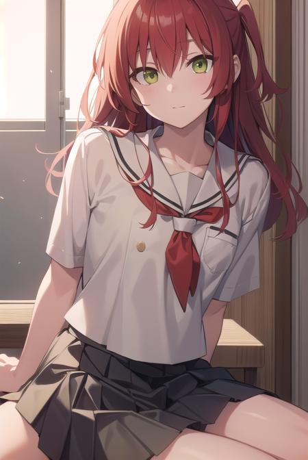 kitaikuyo, <lora:ikuyokitatest:1>, ikuyo kita, (green eyes:1.5), hair between eyes, long hair, one side up, red hair, (flat chest:1.2),
BREAK black footwear, black skirt, grey sailor collar, pleated skirt, sailor collar, school uniform, shoes, short sleeves, shuka high school uniform, skirt,,
BREAK looking at viewer,
BREAK indoors, classroom,
BREAK <lora:GoodHands-vanilla:1>, (masterpiece:1.2), best quality, high resolution, unity 8k wallpaper, (illustration:0.8), (beautiful detailed eyes:1.6), extremely detailed face, perfect lighting, extremely detailed CG, (perfect hands, perfect anatomy),