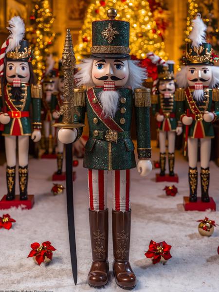 A military-style nutcracker in a high-collared coat with gold epaulettes and candy cane-striped trousers. Their boots are adorned with tiny poinsettias, and their belt buckle glows with red and green LEDs. They hold a saber decorated with snowflake engravings, standing in a festive battlefield surrounded by glowing nutcracker soldiers