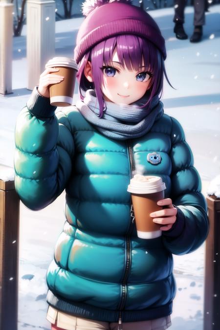 <lora:senjougaharaHitagi:1>, senjougaharaHitagi, masterpiece, best quality, absurdres, 1girl, standing, outdoors, short hair, smile, winter, winter clothes, snow, snowing, blue jacket, (puffer jacket:1.5), blue beanie, scarf, upper body, coffee, steam