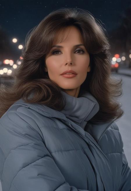 Photorealistic quality,Raw, professional photography, maximum detailed, photorealism, hyperdetailed illustration, highly resolution quality and details, 8k uhd, realistic, irl, raw, photorealism, perfect background, perfect faces,New Jersey '80s winter night  action sleepy, elegant beautiful  Jaclyn smith