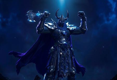 "Create a highly detailed, hyperrealistic image of a Dark Flare Knight named Grarl, inspired by Michał Karcz and the Warhammer art style. The knight should be holding a Gravity Axe, with a blue diamond embedded in it, and a shortsword at the waist. The scene should be lit with blue and purple lighting, and feature a holy light shining down. The knight should have one fist raised in triumph, standing above the black depths. Apply the principles of the golden ratio and incorporate a reincarnated as a slime theme. Render in a 3D program such as Maya or Blender, aiming for a final render that captures the essence of the prompt and could be featured on ArtStation or Behance."