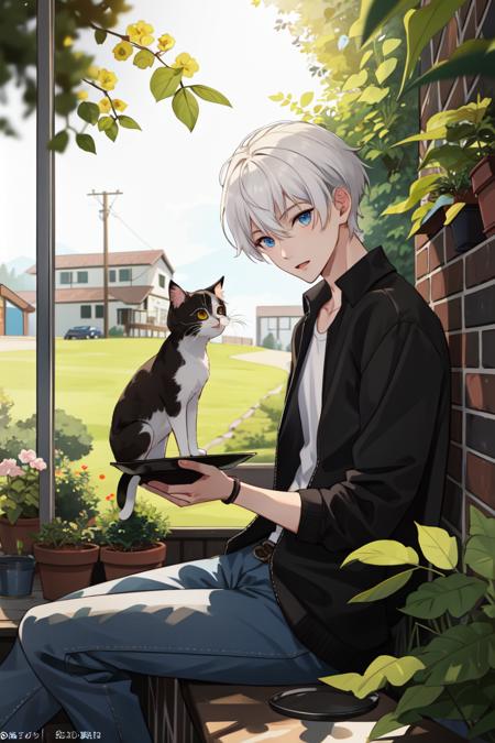 ((masterpiece:1.2, best quality)), 4k, 1boy, adult, male focus, aged up, white hair, background is back alley, detasiled sunlight, sitting, Little cats are gathered next to him, dappled sunlight, day, depth of field, plants, summer