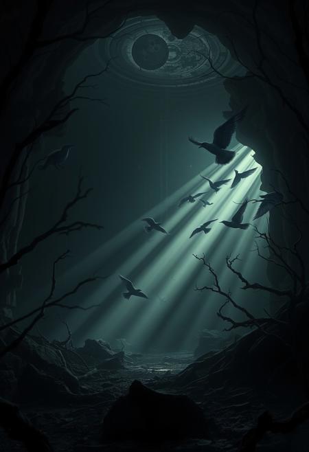 La Chambre D'Echo" - Where the death birds sing , sad environment, Dark, melancholic, Epic, hyper detailed, ultra realistic, top dramatic lights, dynamic shadows
